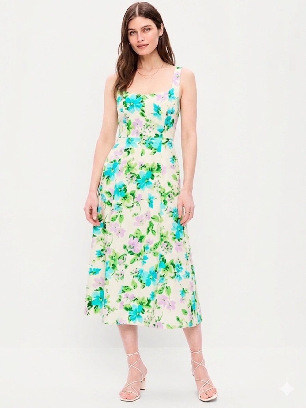 Fit & Flare Linen Blend Midi Dress White Floral Size Small